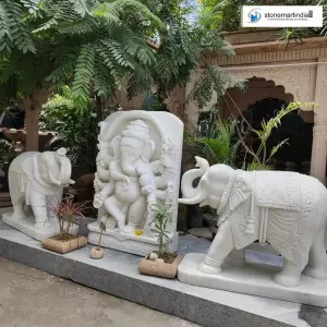 3 Feet White Marble Ganesha Sculpture And 2 Feet Elephants