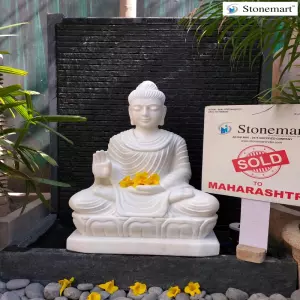 Sold To Thane, Maharashtra 39 Inch Granite Waterfall With 2 Feet White Marble Sitting Buddha Sculpture For Indoor And Outdoor