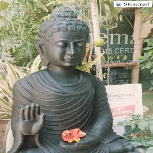 Sold To Ahmedabad, Gujarat - 4 Feet Abhaya Mudra Buddha Statue Carved Out Of Black Marble Stone