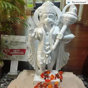 Hand Carved 76 Cm Serene Standing Lord Hanuman Sculpture In White Marble Stone