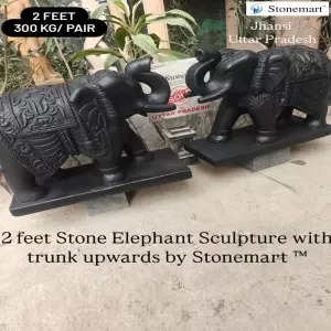 Sold To Jhansi, Uttar Pradesh - 2 Feet Intricately Hand Carved Black Marble Elephant Sculptures For Entrances