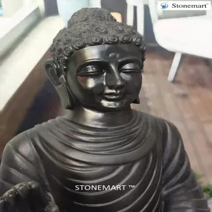 Sold To Mysuru, Karnataka - 3 Feet Abhaya Mudra Buddha Sculpture In Black Marble With Granite Pagoda Lanterns And Stone Urli Bowl