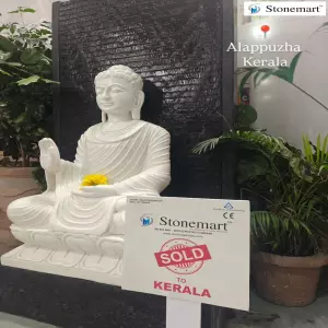 Sold To Alappuzha, Kerala - Marble Buddha Idol With Massive Granite Water Fountain For Luxury Decor