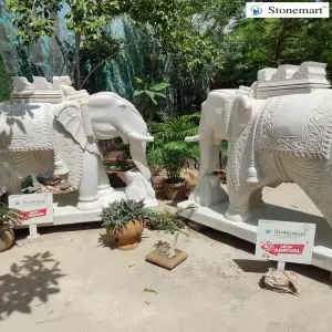 5 Feet, 4 Tons Pair Of White Marble Carved Elephants