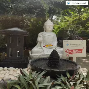 3 Feet Abhaya Mudra Garden Buddha Idol With Granite Pagoda And Fountain