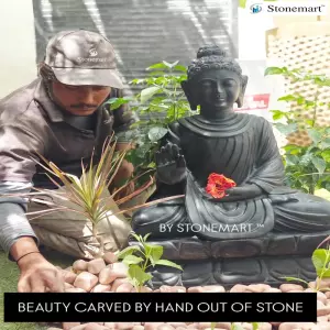 Available - 2.5 Feet Black Marble Blessing Buddha Statue For Home Decor