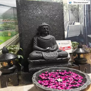 Available - Black Buddha Statue With Fountain, Lanterns And Granite Water Bowl For Home