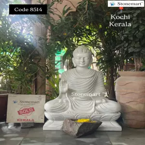 Sold To Kochi, Kerala - 36 Inch Abhaya Mudra White Marble Buddha Sculpture For Indoor Outdoor Decor