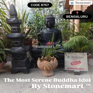 Sold To Bengaluru, Karnataka - Black Marble Stone Serene Buddha Statue For Home And Garden With Big Granite Pagoda Lamp