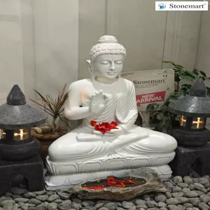 Available - 3 Feet White Marble Vitarka Mudra Sitting Buddha Statue