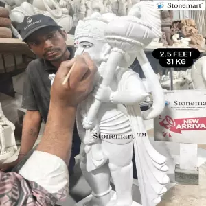Hand Carved 76 Cm, 31 Kg White Marble Lord Hanuman Standing Sculpture