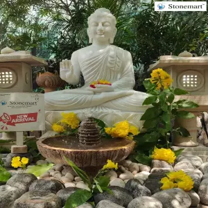 Sold To Nagpur, Maharashtra 4 Feet, 500 Kg Marble Buddha Sculpture In Abhaya Mudra With Japanese Lantern And Fountain