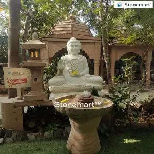 Available 3 Feet Marble Buddha Idol With Floral Granite Fountain, Stone Lantern, Stone Pedestal, Stone Bench