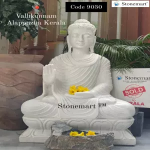 Sold To Alappuzha, Kerala - 36 Inch Hand Carved White Marble Abhaya Mudra Buddha Idol For Home And Garden