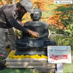 Available - Handcrafted Garden Buddha Sculpture Out Of Black Marble Stone In Abhaya Mudra