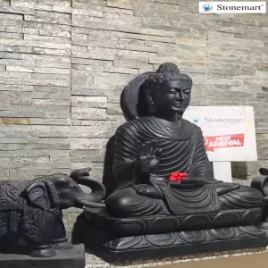 Available - 3 Feet Black Stone Buddha Statue With 1.5 Feet Elephants