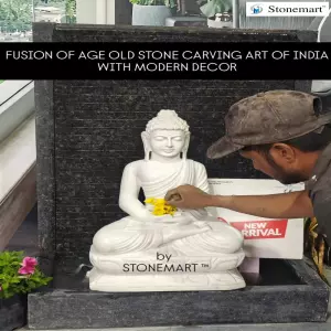Available - 39 Inch Granite Waterfall With 2 Feet White Marble Meditating Buddha Statue