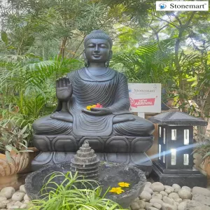 Sold To Indian Army, Jammu And Kashmir 4 Feet, 500 Kg Black Marble Abhaya Mudra Buddha Statue With Fountain And Pagoda Lamp