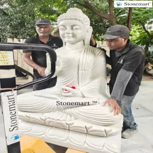 Available - 60 Inch White Marble Serene Buddha Statue For Home And Garden Decor