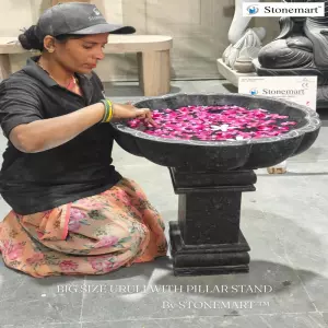 Black Granite Uruli For Home Decor With Pedestal Stand