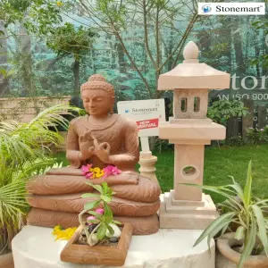 Sold To Bengaluru, Karnataka 3 Feet Stone Buddha Statue With 40 Inch Stone Lantern