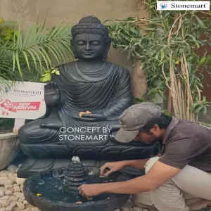 Available - 4 Feet Extraordinary Black Marble Abhaya Mudra Buddha Statue For Modern Indoor And Outdoor Spaces