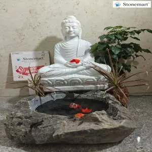 Sold To Bengaluru, Karnataka - White Marble Dhyana Mudra Buddha Sculpture In 2 Feet With Stone Urli Bowl