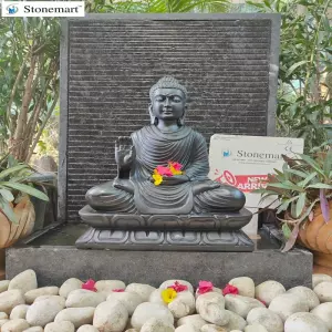Sold To Bengaluru, Karnataka 2 Feet Black Marble Abhaya Mudra Buddha Sculpture With 39 Inch Granite Fountain For Outdoor
