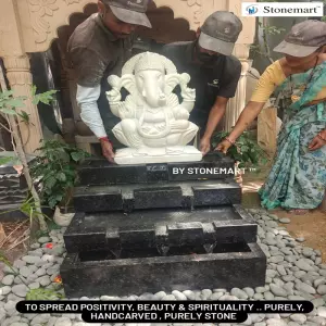 4 Feet Marble Ganesha Sculpture With Granite Waterfall Fountain
