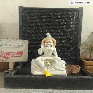 39 Inch Ribbed Granite Waterfall With 18 Inch White Marble Lord Shiva Statue