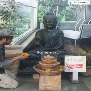 Available - 4 Feet Black Stone Buddha Statue In Abhaya Mudra Posture For Home And Garden