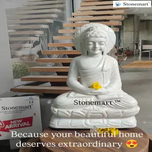 Available - Serene Marble Buddha Statue Paired With Stone Water Fountain For Home And Garden Decor