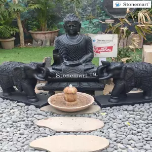 Available Zen Garden Setup With 3Ft Black Buddha Statue, Elephant Statue Pair, Fountain, Stepping Stones, Pebbles