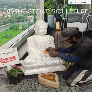 Available - 3 Feet White Marble Stone Meditating Buddha Sculpture With Sandstone Urli
