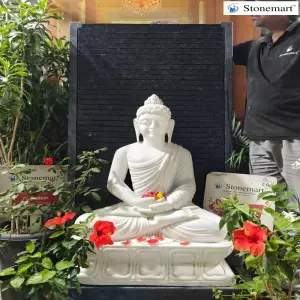 Available 5 Feet Granite Fountain With Hand Carved White Marble 3 Feet Abhaya Mudra Buddha Idol