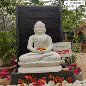 Sold To Ahmedabad, Gujarat 5 Feet Granite Fountain With 3 Feet Meditation Mudra Marble Buddha Statue