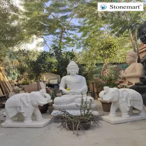 Sold 3 Feet Marble Buddha Statue With 2 Feet Marble Elephants