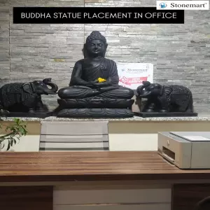 Available - Handcrafted 3 Feet Black Buddha Statue With 18 Inch Elephant Statues For Office Vastu