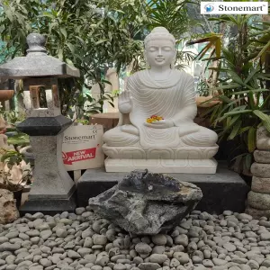 Available 3 Feet White Marble Garden Buddha Statue, With Granite Lantern, Rock Water Feature And Pedestal