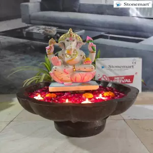 Hand Carved Marble Ganesha Idol With Granite Urli For Spiritual Decor