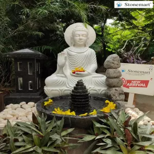 3 Feet Abhaya Mudra Marble Buddha Statue With Halo, Granite Lantern, Water Feature
