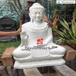 Available - 36 Inch Abhaya Mudra White Marble Stone Buddha Statue For Luxury Indoor And Outdoor Spaces