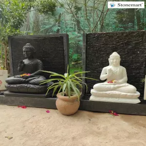 Sold 39 Inch Granite Fountain With 2 And 2.5 Feet Marble Buddha Statue