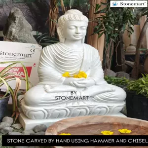 Available - 2 Feet White Marble Dhyana Mudra Buddha Statue For Indoor And Outdoor