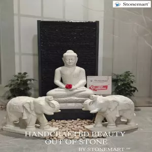 Available - Handcrafted Natural Stone Buddha Water Fountain With A Pair Of Elephant Sculptures