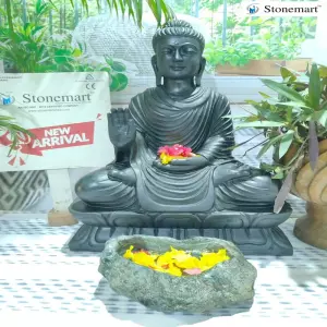 2 Feet Abhaya Mudra Black Marble Buddha Sculpture With Rock Uruli For Indoor