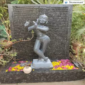 26 Inch Black Marble Iskcon Krishna Statue With Granite Fountain