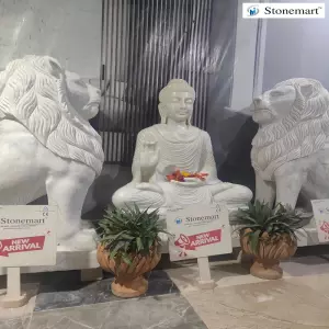 Sold To Bangalore, Karnataka 4 Feet, 500 Kg Marble Buddha Statue With 4 Feet, 1 Ton Pair Of Marble Lion Statues