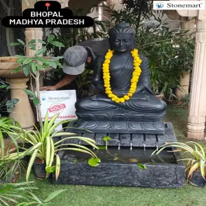 Sold To Bhopal, Madhya Pradesh - Granite Water Feature With 3 Feet Meditating Marble Buddha Statue