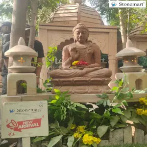 Sold To Hosur, Tamil Nadu 32 Inch Vitarka Mudra Stone Buddha Idol With Stone Japanese Lanterns